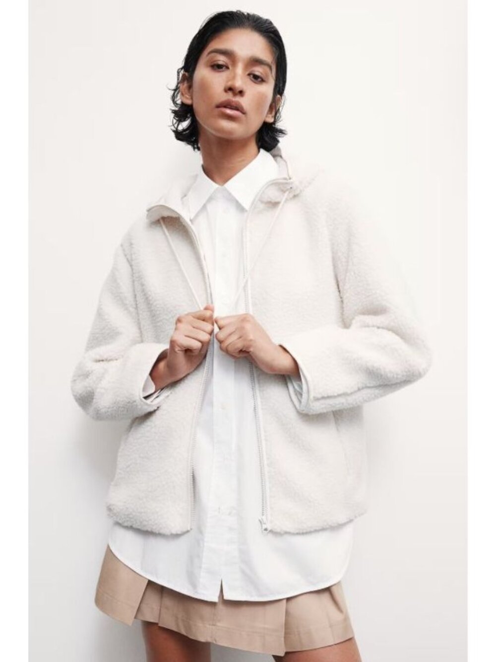 H&M White Teddy Fleece Hoodie Jacket